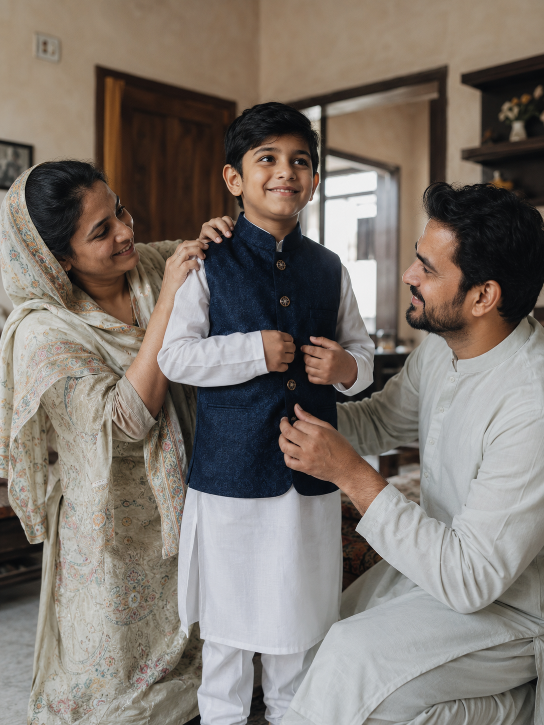 Parents helping their son get ready